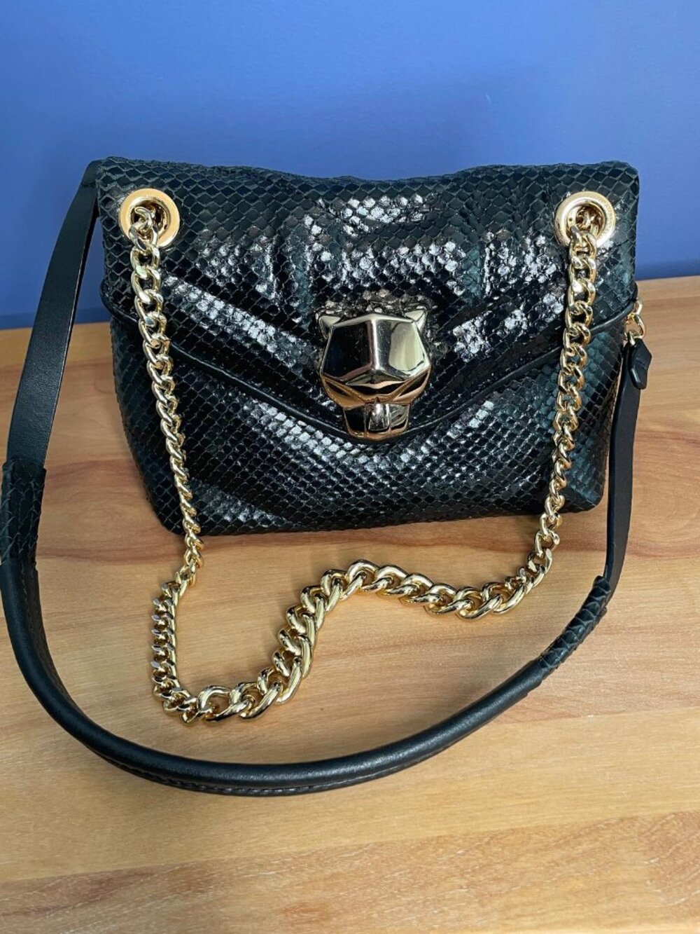 Schutz Small Panther Black Snake Leather Chain Crossbody Bag